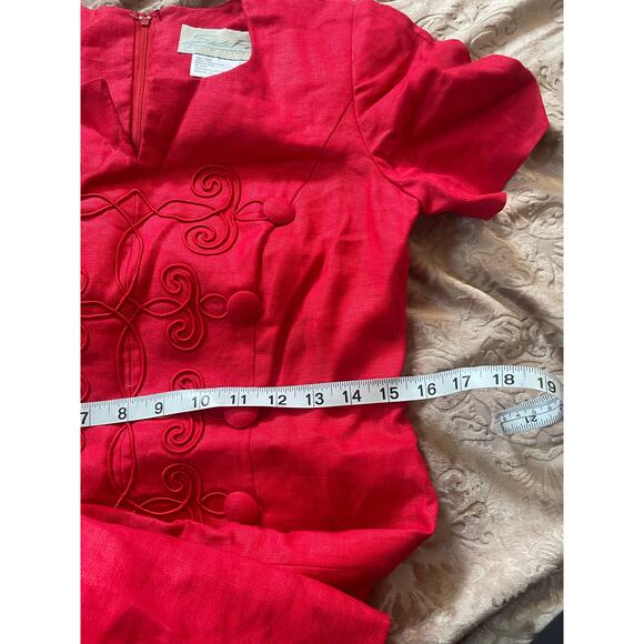 Vintage 80s linen red mini dress‎ embroidered details and layered hem 4 - Picture 8 of 9